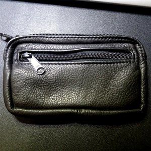Genuine Very Soft Leather, Unisex Gorgeous Black small zippered pouch / clutch